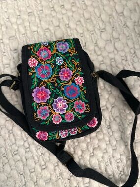 Black Embroidered Floral Crossbody Bag - Multicolor Detailing